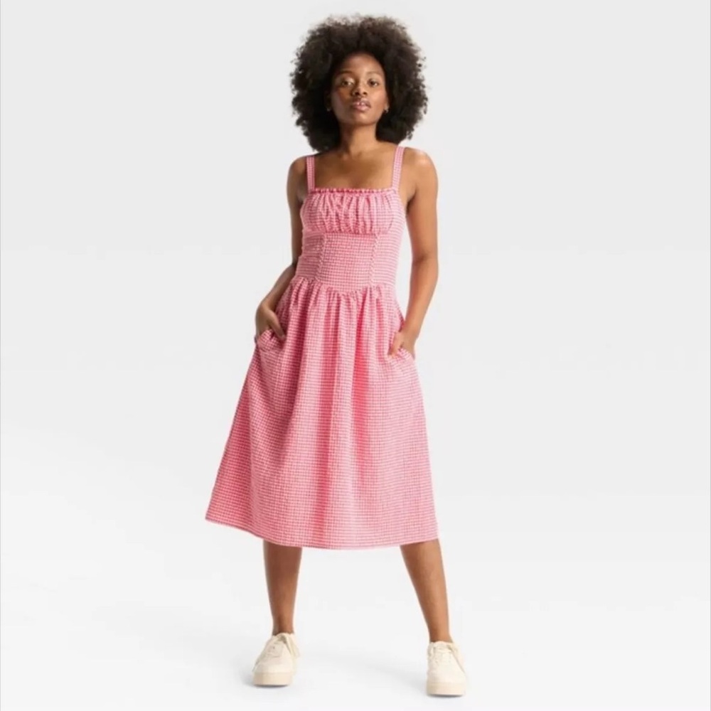 Wild Fable Red Gingham Midi Dress with Smocked Bodice